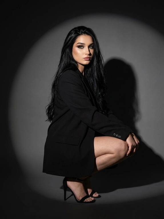 Модная студийная съёмка в стиле fashion editorial. Не менять внешность женщины. Женщина одета в только в чёрный оверсайз пиджак. Профессиональный макияж с акцентом на кожу и глаза. Один направленный прожектор формирует чёткое круглое световое пятно на темно-сером бесшовном гладком фоне и выразительную тень за спиной. Контрастный кинематографичный свет, глубокие тени, драматичный минимализм. Атмосфера — уверенность, сила, эстетика high fashion. высокая детализация кожи, реалистичная текстура, съёмка уровня модного журнала. Средний план. Женщина сидит на корточках, одна рука лежит на колене, корпус слегка наклонён вперёд. Уверенный прямой взгляд в камеру. На ногах чёрные босоножки на тонком каблуке. Чёткая тень позади усиливает драматизм кадра.

Какая будет прическа?: Не изменять мою прическу