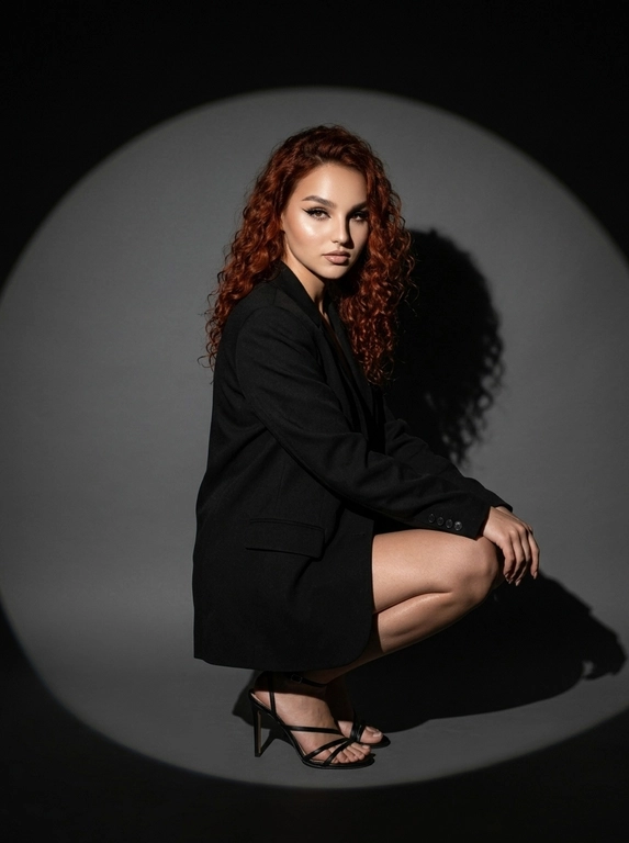 Модная студийная съёмка в стиле fashion editorial. Не менять внешность женщины. Женщина одета в только в чёрный оверсайз пиджак. Профессиональный макияж с акцентом на кожу и глаза. Один направленный прожектор формирует чёткое круглое световое пятно на темно-сером бесшовном гладком фоне и выразительную тень за спиной. Контрастный кинематографичный свет, глубокие тени, драматичный минимализм. Атмосфера — уверенность, сила, эстетика high fashion. высокая детализация кожи, реалистичная текстура, съёмка уровня модного журнала. Средний план. Женщина сидит на корточках, одна рука лежит на колене, корпус слегка наклонён вперёд. Уверенный прямой взгляд в камеру. На ногах чёрные босоножки на тонком каблуке. Чёткая тень позади усиливает драматизм кадра.

Какая будет прическа?: Волосы распущены, уложены в легкие волны.