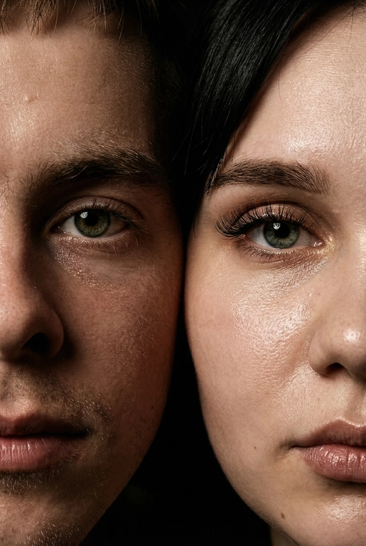   создай портрет, не меняя черты лица. Крупный план (extreme close-up) двух лиц людей, их лица прижатых друг к другу. Видны только половины каждого лица.
Драматичное освещение в стиле чиароскуро, глубокие тени.
Невероятная детализация кожи: видны поры, текстура, естественный блеск у женщины.
Выразительный взгляд прямо в камеру. Высокое разрешение, макросъемка, профессиональное студийное фото, 8K.