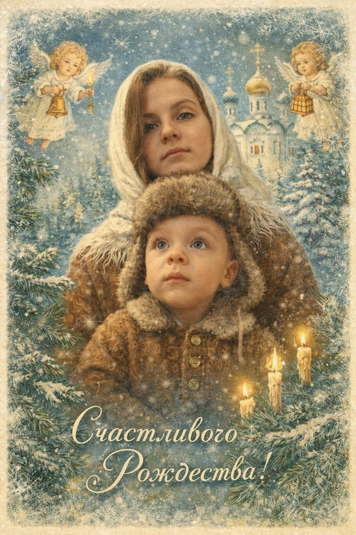 Создай винтажную рождественскую открытку со всеми людьми или одним человеком из предоставленных фотографий. Стиль - советские сказочные открытки 1950-1970-х годов, мягкая живописная иллюстрация, ощущение тепла и уюта. Композиция и формат: • Персонажи остаются в центре композиции • Фон - православная церковь, зимняя сказочная атмосфера Лица: • Лица сохранить максимально похожими на оригинальную фотографию (one-to-one likeness) • Без изменения черт лица, возраста и эмоций • Реалистичное сходство, аккуратная художественная стилизация без искажений. Одежда и образы: • Заменить современную одежду на старинную зимнюю советскую одежду. Если человек- женского пола , то добавь белый платок на голову. ⁠ Декор и детали:  • Хвойные ветки • ангелочки в сказочном стиле, церковные свечки • Лёгкий снег, морозные узоры Цвет и атмосфера: • Светлая, зимняя, мягкая цветовая палитра • Пастельные оттенки, эффект старой бумаги, легкое зерно • Сказочное, теплое новогоднее настроение  • Шрифт - изящный, рукописный, сказочный, в стиле советских открыток. Надпись: «Счастливого Рождества»