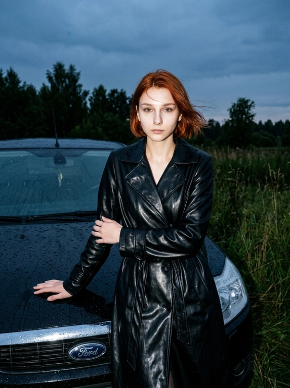Фотореалистичный fashion-портрет модели в чёрном кожаном тренчкоте, стоящей рядом с тёмным винтажным автомобилем. Съёмка проходит на улице, в заросшем поле или на опушке леса, на фоне высокой травы, тёмных деревьев и тяжёлого серо-синего вечернего неба. Настроение кадра мрачное, бунтарское и модное, с эстетикой тёмного editorial-фэшн кадра. Женщина стоит вплотную к передней части автомобиля, рядом с левым краем капота. Корпус почти фронтально направлен к камере, с лёгким разворотом, поза спокойная и уверенная. Одна рука вытянута в сторону и опирается ладонью на мокрый капот автомобиля, вторая согнута и проходит поперёк корпуса, кисть находится у талии или у противоположного предплечья. Плечи расслаблены, голова слегка наклонена в сторону, подбородок немного опущен, лицо направлено прямо в объектив. Выражение лица холодное, спокойное и уверенное. Волосы слегка растрёпанные ветром, несколько прядей проходят по лицу. На модели длинный чёрный кожаный тренч с широкими лацканами и поясом на талии, кожа тренча глянцевая и даёт яркие блики от вспышки. Автомобиль снят с переднего левого угла: в кадре хорошо видны мокрый капот с каплями воды, левая фара, решётка радиатора авто, лобовое стекло и часть крыши. Камера расположена немного ниже уровня лица, примерно на уровне груди, на расстоянии около 1,5–2 метров, ракурс почти прямой, с лёгким направлением снизу вверх. кадрирование примерно от середины бедра или выше до пространства над головой. Использована мощная прямая вспышка рядом с объективом, которая ярко освещает лицо, волосы, кожаный тренч и мокрую поверхность машины, создавая чёткие холодные блики и подчёркивая капли воды. При этом окружающая среда остаётся чуть недоэкспонированной: поле, деревья и небо тёмные, но читаемые. Освещение смешанное — холодный естественный сумеречный свет пасмурного неба и жёсткая фронтальная вспышка. Высокий контраст, глубокие тени, холодная тёмная цветокоррекция, лёгкое цифровое зерно, raw magazine photography, dark automotive editorial, authentic flash photography, без размытия фона, без AI-глянца, максимальный фотореализм.


Очки: Без очков

Какой будет автомобиль?: Ford Focus чёрный