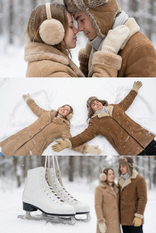   Зимняя фотосессия пары в заснеженном лесу. Мягкий дневной свет, лёгкий снегопад, холодная зимняя дымка. Она —в светло‑коричневой/бежевой дублёнке с видимым меховым воротником и манжетами и пушистых наушниках. Он — в коричневой дублёнке с меховыми манжетами, шапка- ушанка и светло-серый шарф. Атмосфера спокойная, романтичная, натуральный зимний пейзаж без лишнего декора. 

На одежде видны снежные хлопья, вещи выглядят мягкими и тёплыми.

Коллаж из трёх горизонтальных зимних кадров 

На верхней панели: Сверхкрупный план, их лбы/носы соприкасаются в нежном, интимном жесте. Ощущение близости и уюта.

На среднем панели:  Вид сверху на пару, они лежат на спине и делают снежного ангела, раскинутые руки, она в кремовых вязаных варежках, он в бежевых кожаных перчатках.

На нижней панели: Крупный план детали: белые классические фигурные коньки на фоне пары