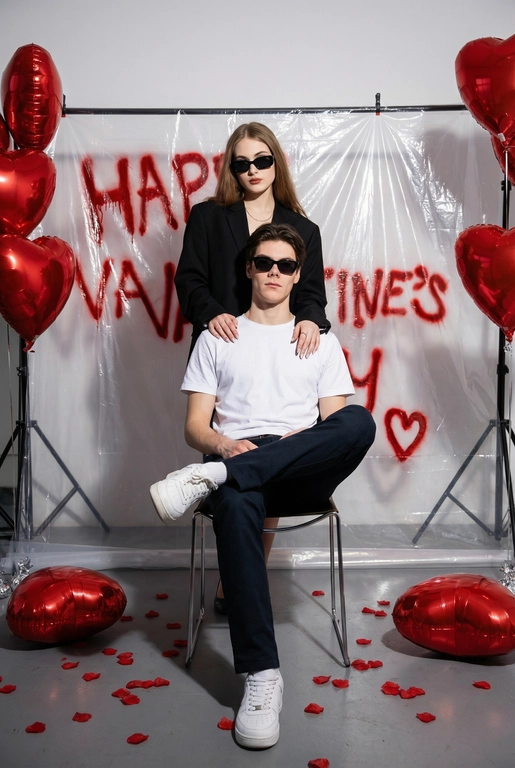 Фотореалистичная редакционная фотосессия пары ко Дню святого Валентина в студии. Фотозона как на референсе: белая студия с прозрачной плёнкой, натянутой на стойках. На плёнке — красные граффити-надписи "Happy Valentine's Day" и сердца в стиле спрей-арта, создающие дерзкий и контрастный фон. По бокам — студийные стойки и красные воздушные шары в форме сердца, на полу разбросаны красные лепестки роз. Атмосфера — современная, fashion, с лёгким арт-хаосом.

Поза и композиция: Крупный план до бедер, мужчина сидит на стуле по центру кадра в позе нога на ногу, уверенная расслабленная поза, его голова немного наклонена в сторону. Девушка стоит за ним, близко, её руки лежат на его плечах или слегка касаются шеи. Между парой ощущение близости и доминирующей, уверенной энергии девушки.
Одежда:
— Мужчина: белая футболка без принтов, тёмные брюки, белые кроссовки. Тёмные очки как fashion-акцент.
— Девушка: чёрный пиджак свободной посадки. Тёмные очки как fashion-акцент.
Выражения лиц: мужчина смотрит в камеру уверенно и спокойно. Девушка смотрит в камеру или слегка сверху вниз, с холодной, контролируемой эмоцией.
Свет: жёсткий студийный свет с акцентом на лица и текстуры, чёткие тени, высокий контраст.
Композиция: вертикальный кадр, пара по центру, фон полностью читается.
Стиль: фотореализм, модная редакционная съёмка, высокая детализация, современный fashion-editorial.