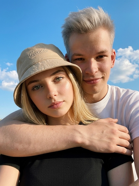 Кинематографичный кадр крупным планом (selfie style), пара в объятиях (классическое "обнимашки сзади") на фоне ярко-голубого неба с облаками.  Женщина на ней бежевая панама с брендовой надписью. Её кожа выглядит сияющей, подсвеченной мягким естественным солнечным светом. Выражение лица спокойное, глубокий взгляд, направленный прямо в камеру. Мужчина стоит строго позади девушки и обнимает её сзади, одна его рука обнимает её за плечи/шею спереди — предплечье лежит поперёк её ключиц, кисть свободно свисает с её плеча, на запястье классические серебряные часы с черным циферблатом. Мужчина в белой футболке, выражение лица доброжелательное, его взгляд прямо в объектив. Ракурс сверху, камера сфокусирована на лице девушки. Высокий контраст, насыщенные цвета, мягкая прорисовка деталей кожи. Эффект пленочной фотографии, легкое зерно, атмосфера летнего дня, эстетика социальных сетей. Телефона не видно в кадре.

Доп. характеристики: Без чесов и моложе
