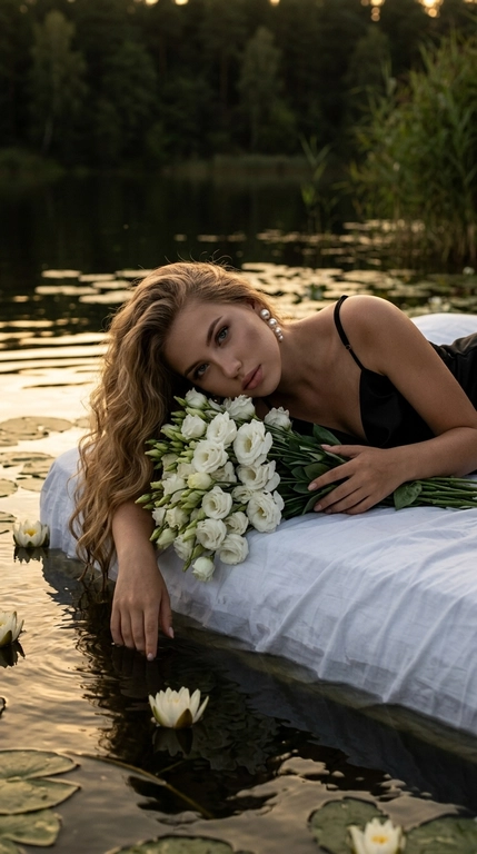 Fashion-портрет девушки на белом матрасе у озера