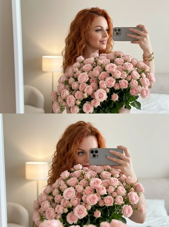 Коллаж из двух фотографий, формат 9:16, стиль селфи в зеркале. Эта женщина, аккуратный макияж с акцентом на глаза (четкая подводка, длинные ресницы), блестящие губы. В кадрах доминирует огромный, густой букет нежно-розовых кустовых роз.
Верхний кадр: ракурс сбоку, легкая улыбка, женщина держит телефон горизонтально, видны золотые браслеты.
Нижний кадр: фронтальный ракурс, женщина в основном скрыта за букетом, кокетливо выглядывает; женщина горизонтально держит современный смартфон в сером чехле с тройной камерой в центре.

Светлая минималистичная комната. На заднем плане размытая прикроватная лампа с мягким нейтрально-белым светом, светлая бежевая стена, часть кровати или мягкой мебели вне фокуса. Освещение мягкое, рассеянное, без желтизны, эстетика роскошного образа жизни в стиле Instagram/Pinterest, женственная и нежная атмосфера.