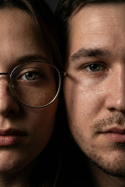   создай портрет, не меняя черты лица. Крупный план (extreme close-up) двух лиц людей, их лица прижатых друг к другу. Видны только половины каждого лица.
Драматичное освещение в стиле чиароскуро, глубокие тени.
Невероятная детализация кожи: видны поры, текстура, естественный блеск у женщины.
Выразительный взгляд прямо в камеру. Высокое разрешение, макросъемка, профессиональное студийное фото, 8K.