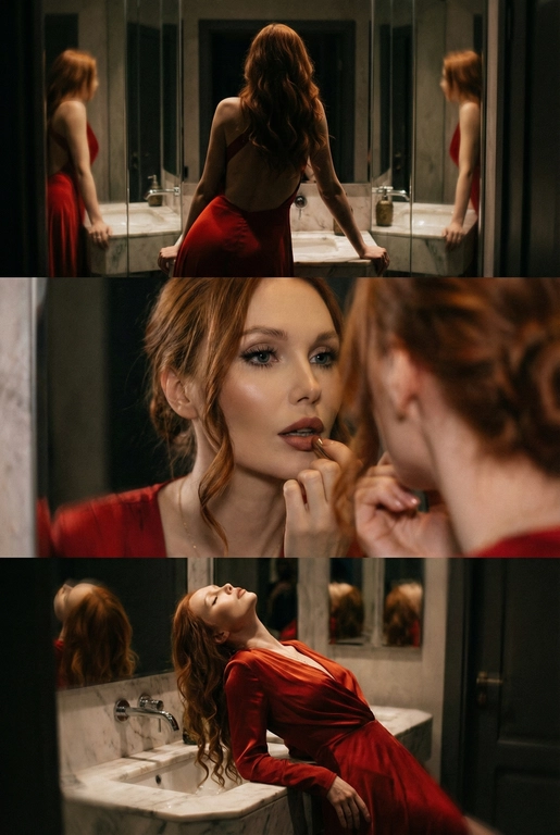 Создай не меняя черты лица. Экстремально реалистичный кинематографичный триптих, как живая серия фотографий из Instagram, снятая в зеркальном туалете дорогого ресторана. Вечер, интимная атмосфера, отражения в зеркалах, приглушённый свет, ощущение роскоши и ускользающего момента. Весь триптих объединён одним образом и единым настроением, с лёгким зерном, как будто кадры сняты в движении, естественно. В верхней части женщина стоит спиной облокотившись на раковину рукой, лицо в тени спина освещена, в отражениях зеркал видна её фигура, на ней одно и то же красное платье с открытой спиной, ткань струится и выглядит дорого, чувственно. Свет мягко скользит по плечам и линии спины, создавая глубокие тени и драматичный силуэт. В средней части экстремально близкий ракурс лица через зеркало, женщина смотрит на своё отражение и поправляет помаду, жест живой и естественный. Лицо частично в фокусе, частично слегка размыто, ощущение движения и дыхания кадра. Пышные ресницы, выразительный взгляд, блики света в зеркале, локоны из пучка падают на лицо, добавляя интимности. В нижней части девушка запрокинула голову и облокотилась о раковину, глаза закрыты, поза расслабленная, уязвимая, словно она на секунду выпала из шумного вечера. Платье то же самое, красное, ткань ловит приглушённый свет, усиливая глубину цвета и теней. Во всех кадрах приглушённое освещение, cinematic lighting, мягкие тени, отражения зеркал, лёгкое зерно и небольшой motion blur без резкой чёткости и глянца. Цвета глубокие, насыщенные, но сдержанные. Общий стиль ультрареализм, кинематографическая эстетика, эффект настоящего Instagram-триптиха, ощущение пойманного момента, живо, чувственно и очень реалистично, как кадры из личного архива.
Не меняй черты лица. Очень длинные изящные волнистые волосы, несколько локонов свободно падают на лицо и шею. 