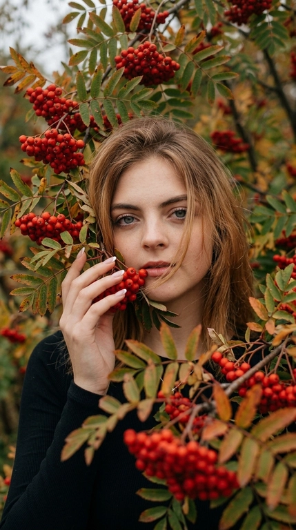 Фотореалистичный крупный осенний портрет женщины среди густых веток красной рябины. Женщина находится очень близко к веткам и гроздьям рябины. Лицо в основном остаётся открытым и хорошо читаемым: один глаз полностью хорошо виден и находится в фокусе, часть второй стороны лица мягко прикрыта длинной передней прядью волос. Волосы не должны полностью закрывать лицо. Они лишь частично проходят по одной стороне лица, мягко перекрывая часть щеки, край губ и небольшую часть носа. Взгляд направлен прямо в камеру. Одна рука поднята к лицу, аккуратный французский маникюр.

Гроздья красной рябины находятся сверху, по бокам и частично на переднем плане, мягко обрамляя лицо. Ягоды и ветки не должны сильно перекрывать центральную часть лица. Некоторые гроздья на переднем плане слегка размыты, но композиция остаётся естественной и не перегруженной. Лицо мягко обрамлено ветками, создавая эффект скрытого, но всё ещё хорошо читаемого портрета в природе.

Мягкий рассеянный свет пасмурного осеннего дня, естественные тени на лице, приглушённый фон и насыщенные, но реалистичные красные оттенки ягод. Лёгкая плёночная зернистость и мягкая осенняя цветокоррекция без чрезмерной обработки.

Макияж выразительный, но естественный: подчёркнутые ресницы и красный оттенок губ. На женщине чёрный облегающий верх с длинными рукавами. Реалистичная текстура кожи, естественная детализация волос, без пластиковой кожи, без чрезмерной резкости, без глянцевой ретуши и без AI-эффекта.


Причёска: Распущенные волосы свободно спадают на одну сторону лица и частично перекрывают его. Основная масса волос мягко лежит вдоль щеки и скулы, закрывая часть лица так, что хорошо виден один глаз, часть носа и скулы. Несколько тонких передних прядей естественно проходят по лицу и слегка двигаются от лёгкого ветра. Причёска выглядит живой, мягкой и немного небрежной, создавая эффект скрытого портрета.