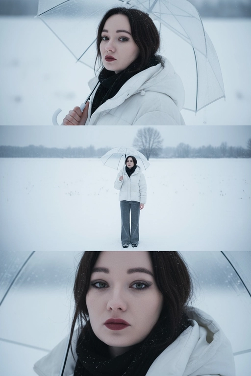 Создай вертикальный кадр, разделённый на три горизонтальных изображения одинакового размера, расположенных рядом. Главный персонаж основан на референсном лице, причёске и фигуре: фигура с выражением грусти и ностальгии, с глубокими глазами, излучающими одиночество. Наряд представляет собой свободный белый зимний пуховик, широкие брюки и чёрный шарф. Общая атмосфера утопает в белом снеге, холодная цветовая палитра навевает меланхолию и одиночество. Изображение 1 (портрет): Персонаж держит прозрачный зонт, слегка откинув голову назад и глядя прямо в кадр через плечо. Выражение лица печальное, взгляд проникновенный. Фон размыт снежной белизной. Изображение 2 (в полный рост): Персонаж с зонтом стоит один на бескрайнем заснеженном поле, идя и глядя в небо. Камера направлена ​​сверху вниз, как будто персонаж поднимает руку, чтобы поймать падающие снежинки. Вдали виднеются несколько голых деревьев без листьев. Сцена передаёт ощущение ничтожности и изолированности на фоне бескрайности природы. Изображение 3 (крупный план): Увеличенный кадр глаз персонажа с отстранённым, печальным взглядом, вызывающим чувство одиночества и тоски.