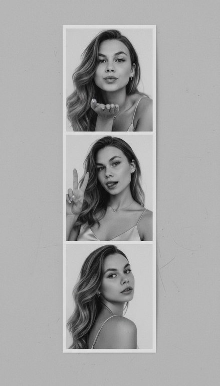  Используя мою фотографию в качестве референса для лица и волос, не изменяя исходные черты лица и сохраняя верность моим физическим характеристикам, создайте ленту из фотографий в ч/б с тремя вертикальными белыми рамками. Лента выглядит так, будто лежит на столе или фоне. Фотографии выглядят профессионально , как будто из настоящей фотобудки. 

В каждой рамке по центру расположены портрет и фотография погрудной проекции одного и того же человека. Взгляд прямо в камеру.

Общая эстетика винтажная, с лёгкой зернистостью и выцветшим качеством, напоминающая классическую аналоговую фотографию. Но при этом изображение выполнено в высоком разрешении. На светло-сером фоне видны едва заметные следы пыли и царапин. Лица человека на белом фоне. 
НЕ ИЗМЕНЯЙТЕ МОЁ ЛИЦО. На верхнем фото девушка посылает зрителю воздушный поцелуй, поднеся правую руку ко рту и слегка поджав губы. Выражение её лица игривое и дружелюбное.  На среднем фото девушка мило и игриво показывает знак мира, высунув язык. Брови слегка приподняты. На нижнем фото девушка позирует, отвернувшись к плечу, смотрит прямо в камеру с более спокойным и уверенным выражением лица. Губы мягко сжаты, взгляд прямой и чувственный. ОДЕЖДА: На ней маленькие серьги-кольца и изящное ожерелье с символом бесконечности поверх светлого атласного или шёлкового топа. На ней естественный макияж, включая глянцевый блеск для губ, лёгкую подводку для глаз и кукольные нарощенные ресницы, без излишеств. У неё квадратный французский маникюр. 
