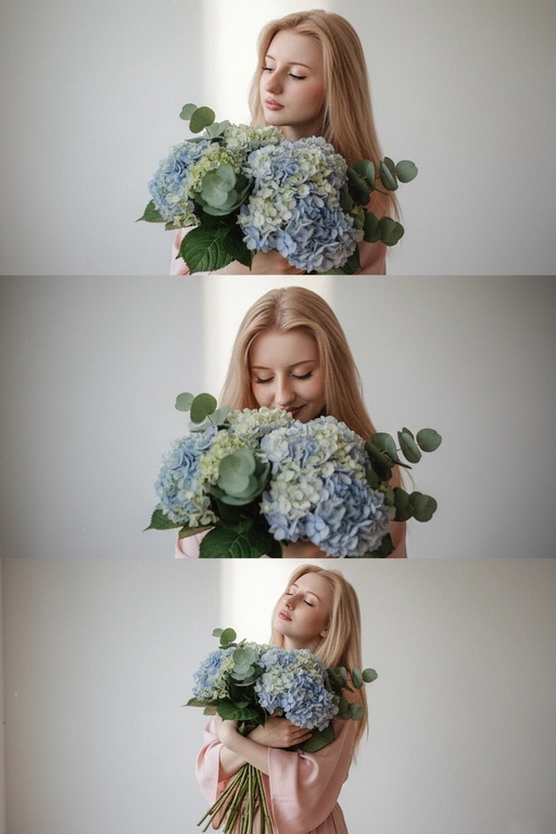 Не меняй черты лица, оставь их точь в точь как на загруженном фото, в том числе макияж и волосы.
Композиция из триптиха изображает женщину дома с цветами
На ней свободная пижама кимоно в пол нежно розового цвета.

На верхнем кадре портрет крупным планом, женщина смотрит в камеру лицо боком в руках у неё огромный букет. На заднем плане светлая стена размыты.

На центральном кадре сверхкрупный план, та же девушка, ее голова слегка наклоненная вперед, она принюхивается к букету, ее глаза закрыты, на лице легкая улыбка.  Кадр снятый с очень близкого расстояния, видно только часть огромного букета и лица  

На нижнем кадре портрет крупным планом изображена всё та же женщина, голова запрокинута вверх глаза закрыты, прижимает все тот же огромный букет к груди

Цветовая палитра приглушена, с нежными розовым, белым
Общий стиль наводит на романтику. Присутствует видимая зернистость.  Букет цветов -голубая гортензия с эвкалиптом