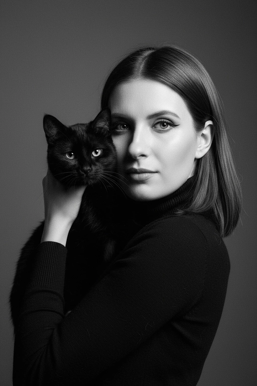 Высококонтрастный черно-белый портрет женщины в черной водолазке, держащей чёрную кошку у лица. Композиция напряжённая и интимная: оба персонажа смотрят прямо в камеру с одинаковой интенсивностью. Яркое и направленное освещение создаёт глубокие тени и подчёркивает контраст между их бледной кожей и тёмной шерстью кошки. Выражение её лица спокойное и уверенное, глаза подведены чётко, а гладкие прямые волосы естественно ниспадают на одно плечо. Фон - градиент от серого к темно-серому. Общее настроение таинственное, элегантное и кинематографичное, напоминающее портрет из модного журнала с готическим подтекстом.