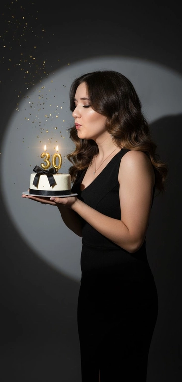 Фотореалистичный портрет женщины с точно таким же лицом, чертами, выражением и цветом волос, как на исходной фотографии - ничего не изменять. Атмосфера - день рождения: мягкий блеск свечи отражается на её лице, в воздухе лёгкие золотистые блёстки, создающие праздничное сияние. Фон темно-серый. Освещение студийное, контрастное, с кругом света на фоне, создающим выразительную тень. Волосы - волнистые, мягко подсвечены. Она немного стоит полубоком. Женщина держит в руках маленький праздничный торт, украшенным чёрными лентами и изящной цифрой из золотых свечей; Она сдувает свечу. Она одета в черное платье без рукавов. Свечки в виде цифр 30