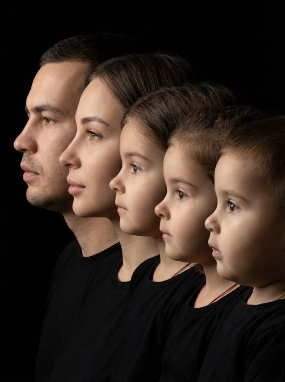 Профессиональный студийный портрет с низким контрастным светом. Головы расположены строго в одну линию. боковой профиль, взгляд влево. У всех видны только головы и немного плечи. Головы занимают весь кадр. Черный фон. Черная одежда у всех. Расположи их по убыванию возраста.