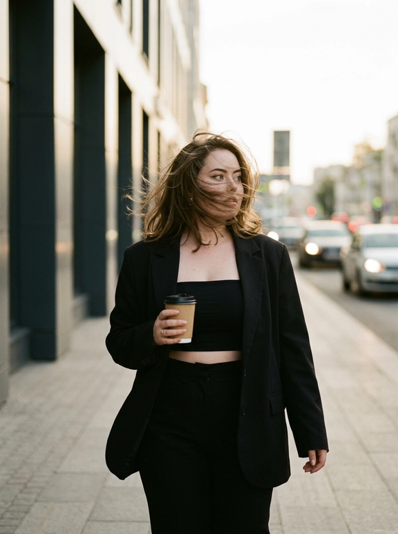 Фотореалистичный цветной кадр, как стоп-кадр. Женщина идёт вдоль городского тротуара, параллельно фасаду здания. Плечи развёрнуты ровно к камере. Правая рука опущена вдоль тела, левая держит стакан кофе на уровне груди. Волосы уводит ветром вправо, часть прядей пересекает лицо. Взгляд направлен вправо. Одежда: чёрный короткий топ без бретелей, чёрный оверсайз-пиджак, чёрные брюки. Слева расположен красивый современный городской фасад с аккуратной архитектурой, справа — мягко размытая улица и машины. Свет тёплый, кинематографичный, слегка приглушённый. Заниженная экспозиция, низкая контрастность, мягкий film look, лёгкая дымка, без HDR, без clean digital. Снято на плёночный фотоаппарат.