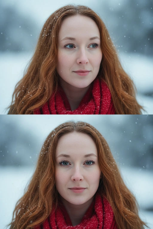 Создай коллаж из двух кадров человека, снятых крупным планом на улице зимой. Камера расположена близко, чтобы в кадре были видны лицо, шея и часть одежды. Главный акцент — на лице, глазах и снежинках, которые легли на волосы и ресницы.

Освещение мягкое, естественное, как в пасмурный зимний день. Вокруг падает лёгкий снег, отдельные снежинки чётко видны в воздухе и на коже. Фон — мягко размытый, с холодными оттенками (бело-голубой, серо-синий).

Первый кадр — человек смотрит в сторону, выражение мягкое, задумчивое, естественное. Крупный план лица, видно часть красного шарфа.
Второй кадр — прямой взгляд в камеру, нейтральное или лёгкое выражение лица, ресницы в снегу. Крупный план лица, видно часть красного шарфа.

Кожа чистая и естественная, без ретуши, текстура лица и губ сохранена. Фото выглядят как профессиональная зимняя портретная съёмка крупным планом, с эффектом свежести и спокойствия.

Оба кадра объединены в вертикальный коллаж в едином тоне и свете. Атмосфера — реалистичная, теплая и немного кинематографичная.