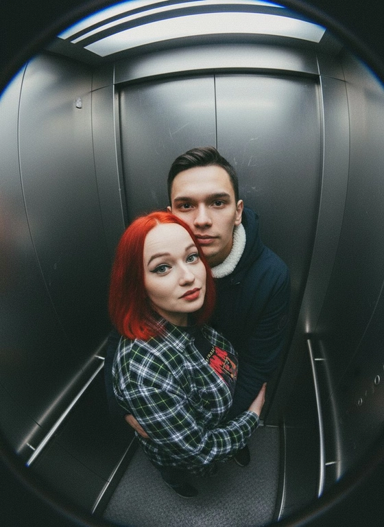 Используй предоставленные изображения и создай фото с двумя людьми в лифте с металлическими стенами. Цветовая гамма с преообладанием серых металлических оттенков. Кадр снят с максимально верхнего ракурса, люди будто заглядывают в камеру, их головы подняты наверх, взгляд в камеру. Легкий эффект fish eye. Реалистичное фото. Зернистость пленочного фото, насыщенные цвета, стиль фото y2k. Сохрани черты лица людей. Они обнимаются.