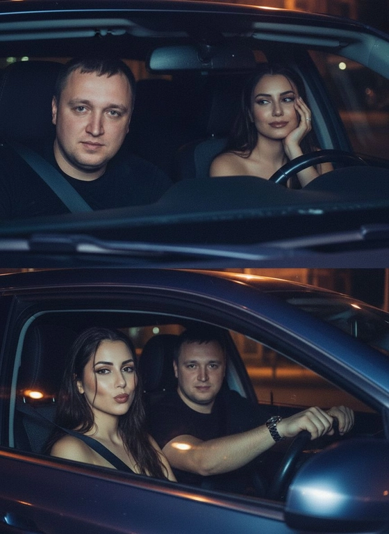 Используй предоставленные изображения и создай коллаж из двух фото, одно под другим. Первое фото сверху: Ночное фото в салоне автомобиля: мужчина за рулем смотрит вперед, его рука с часами на руке. Женщина на пассажирском сиденье, слушает его подперев щеку рукой. Съемка в стиле папарацци с эффектом зернистой пленки, атмосфера интимная. Второе фото: Девушка и парень смотрят в камеру Ночное фото папарацци крупным планом: мужчина за рулём и женщина на пассажирском сиденье смотрят в камеру. Женщина с ухмылкой и губами бантиком, мужчина слегка улыбается, положив руку на руль. Съёмка через пассажирское окно, сочетание ночного света и вспышки, эффект зернистой плёнки.