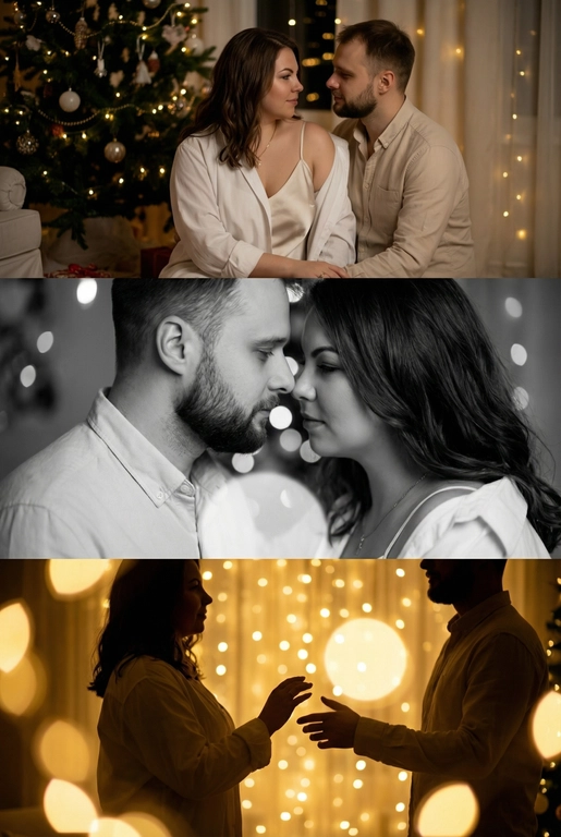 Создай новогодний кинематографичный коллаж, состоящий из трёх горизонтальных кадров друг под другом. Вечер, приглушенный свет, тёплый свет гирлянд, мягкое боке, уютная домашняя атмосфера. 

Кадр 1 (верхний): широкий план. Пара у украшенной новогодней ёлки.
Одежда: девушка в лёгкой белой рубашке, надетой свободно на шелковый топ на тонких бретельках, слегка сползающей с плеч; парень — в светлой рубашке бежево-молочного оттенка. Слабый свет гирлянд, мягкие тени, спокойный романтичный момент.

Кадр 2 (средний): крупный чёрно-белый портрет. Их лица близко, мягкое боке позади. Одежда: те же свободные рубашки, видны только верхние части — мягкая ткань, естественные складки, домашний уют. 

Кадр 3 (нижний): силуэтный кадр на фоне ярких огней. Пара тянется друг к другу. Одежда: светлые рубашки, расстёгнутые манжеты, мягко подсвеченные гирляндами. Золотой свет, много боке, тёплое новогоднее настроение.

Стиль: тёплый, нежный, интимный, романтичный, кинематографичный.