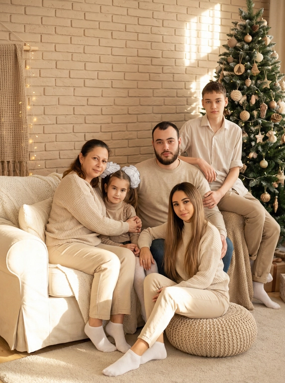 Семейная новогодняя фотосессия в бежевой студии