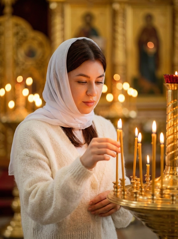   Создано с помощью сервиса Создать по своему фото и промпту

Промпт пользователя:
Создай портрет, не меняя черты лица. Портрет молодой красивой женщины  , с безупречным макияжем, в православном храме. На голове белый полупрозрачный  платок, в пушистом молочном кардигане.  Она  зажигает тонкую восковую свечу у золотого подсвечника. Мягкое теплое сияние множества горящих свечей создает боке на заднем плане. Атмосфера благоговения, тишины и умиротворения. Кинематографичное освещение, высокая детализация, мягкий фокус, реализм. Lighting: Warm candlelight, soft glow on her face, blurry bokeh background with flickering lights.
Style: High-resolution photography, cinematic lighting, peaceful and spiritual mood, shallow depth of field.