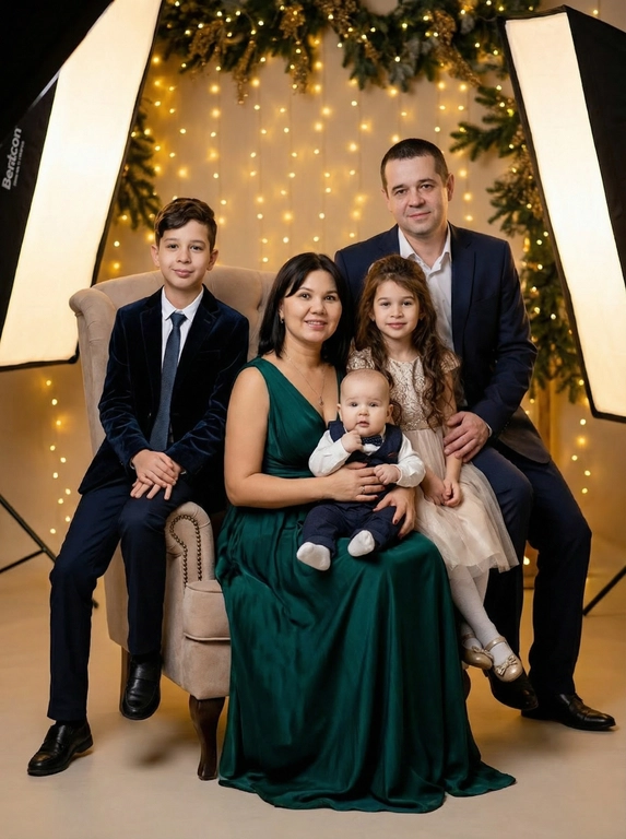   Создать профессиональную студийную фотографию. На фото 5 человек. Папа, мама, сын, дочь, сын. Схожесть лиц 100%. Люди одеты в праздничный наряд.