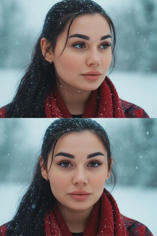 Создай коллаж из двух кадров человека, снятых крупным планом на улице зимой. Камера расположена близко, чтобы в кадре были видны лицо, шея и часть одежды. Главный акцент — на лице, глазах и снежинках, которые легли на волосы и ресницы.

Освещение мягкое, естественное, как в пасмурный зимний день. Вокруг падает лёгкий снег, отдельные снежинки чётко видны в воздухе и на коже. Фон — мягко размытый, с холодными оттенками (бело-голубой, серо-синий).

Первый кадр — человек смотрит в сторону, выражение мягкое, задумчивое, естественное. Крупный план лица, видно часть красного шарфа.
Второй кадр — прямой взгляд в камеру, нейтральное или лёгкое выражение лица, ресницы в снегу. Крупный план лица, видно часть красного шарфа.

Кожа чистая и естественная, без ретуши, текстура лица и губ сохранена. Фото выглядят как профессиональная зимняя портретная съёмка крупным планом, с эффектом свежести и спокойствия.

Оба кадра объединены в вертикальный коллаж в едином тоне и свете. Атмосфера — реалистичная, теплая и немного кинематографичная.