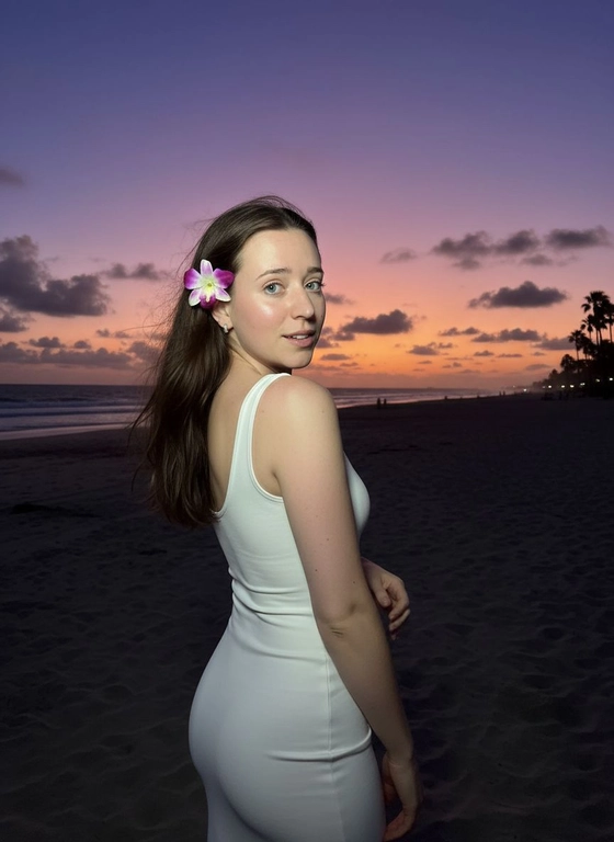 Сделай фото, будто я на пляже, где темно, но кто-то сфотографировал меня со вспышкой, и мое лицо немного блестит и светится, заднем плане закат, как будто солнце село на 98%, оставив фиолетовый оттенок, и само по себе почти темно. Фото сделано из-за моей спины, как будто  мне сказали, повернуться. Я в белом облегающем платье с цветком, заправленным в волосы. Волосы должны развеваться так, как будто дует слегка ветер.