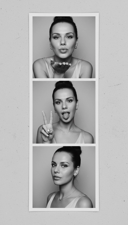  Используя мою фотографию в качестве референса для лица и волос, не изменяя исходные черты лица и сохраняя верность моим физическим характеристикам, создайте ленту из фотографий в ч/б с тремя вертикальными белыми рамками. Лента выглядит так, будто лежит на столе или фоне. Фотографии выглядят профессионально , как будто из настоящей фотобудки. 

В каждой рамке по центру расположены портрет и фотография погрудной проекции одного и того же человека. Взгляд прямо в камеру.

Общая эстетика винтажная, с лёгкой зернистостью и выцветшим качеством, напоминающая классическую аналоговую фотографию. Но при этом изображение выполнено в высоком разрешении. На светло-сером фоне видны едва заметные следы пыли и царапин. Лица человека на белом фоне. 
НЕ ИЗМЕНЯЙТЕ МОЁ ЛИЦО. На верхнем фото девушка посылает зрителю воздушный поцелуй, поднеся правую руку ко рту и слегка поджав губы. Выражение её лица игривое и дружелюбное.  На среднем фото девушка мило и игриво показывает знак мира, высунув язык. Брови слегка приподняты. На нижнем фото девушка позирует, отвернувшись к плечу, смотрит прямо в камеру с более спокойным и уверенным выражением лица. Губы мягко сжаты, взгляд прямой и чувственный. ОДЕЖДА: На ней маленькие серьги-кольца и изящное ожерелье с символом бесконечности поверх светлого атласного или шёлкового топа. На ней естественный макияж, включая глянцевый блеск для губ, лёгкую подводку для глаз и кукольные нарощенные ресницы, без излишеств. У неё квадратный французский маникюр. 