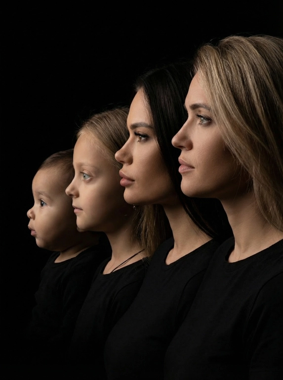 Профессиональный студийный портрет с низким контрастным светом. Головы расположены строго в одну линию. боковой профиль, взгляд влево. У всех видны только головы и немного плечи. Головы занимают весь кадр. Черный фон. Черная одежда у всех. Расположи их по убыванию возраста.