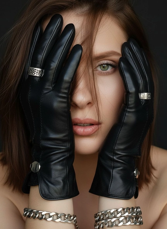 Модный портрет женщины, крупным планом,  в черных кожаных перчатках.  Руки частично заслоняют лицо. Перчатки создают интригующую композицию: одна рука закрывает часть лица, а другая лежит на противоположной стороне, тонко обрамляя нежные черты модели. Губы женщины видны, слегка приоткрыты, глаза открыты, голова слегка наклонена вперед. Несколько прядей волос свободно падают на ее лицо, добавляя ощущение движения. Текстура кожи очень детализирована, демонстрируя поры ее лица. Перчатки блестящие и плотно прилегающие, с тонкими, замысловатыми деталями. Серебрянные массивные кольца видны на пальцах, усиливая ощущение роскоши, а серебрянные браслеты обхватывают запястья. Мягкое, но драматичное освещение подчеркивает текстуру перчаток и кожи, создавая поразительный контраст на темном, мрачном фоне. Общая атмосфера интимная, элегантная и изысканная.