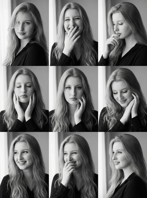   Editorial emotional portrait collage of a woman, 9 frames, shot indoors on iPhone 17 Pro Max, 48MP RAW, HDR ON, with natural diffused window light (soft lateral illumination), aperture f/1.6, ISO 120, shutter 1/200, white balance 5300K. Каждый кадр — вертикальный формат, средний крупный план (от плеч и выше). Black & white matte finish, мягкий контраст, естественная кожа, без зерна, стиль Pinterest premium, Vogue-inspired beauty.

Волосы: длинные, распущенные, мягкие волны с лёгкой прикорневой объёмностью,. Укладка — natural effortless elegance, иногда прядь закрывает часть лица. Одежда: тёмная лаконичная блуза, минималистичный крой. Фон нейтральный светло-серый. Mood — интимность, женственность, живые эмоции, high fashion naturality.”*

🔹 Описание каждого кадра внутри общего промта

➡️ “Кадр 1 (верхний левый): ракурс ¾ спереди, взгляд прямо, лёгкая полуулыбка, волосы слегка закрывают часть лба, настроение — загадочная уверенность.
➡️ Кадр 2 (верхний центральный): фронтальный, голова чуть наклонена назад, искренний смех, кисть руки мягко прикрывает рот, эмоция — неподдельная радость.
➡️ Кадр 3 (верхний правый): ракурс сбоку, взгляд вниз, пальцы касаются подбородка, мягкое выражение лица, настроение — задумчивость.

➡️ Кадр 4 (средний левый): глаза закрыты, лицо в лёгком касании двух рук, эмоция — спокойствие и внутренняя тишина.
➡️ Кадр 5 (средний центральный): фронтальный портрет, прямой взгляд, одна рука касается лица, наиболее нейтральный и уверенный образ, ощущение — спокойная сила.
➡️ Кадр 6 (средний правый): взгляд вниз, лёгкая сдержанная улыбка, поза с руками у щеки, настроение — нежность и лёгкая лирика.

➡️ Кадр 7 (нижний левый): ракурс ¾, взгляд в сторону, открытая улыбка, энергия — лёгкость, искренний момент.
➡️ Кадр 8 (нижний центральный): немного сбоку, лёгкий смех, пальцы прикрывают рот, эмоция — игривое смущение.
➡️ Кадр 9 (нижний правый): профиль почти полный, мягкая улыбка, взгляд в сторону, настроение — спокойная уверенность и женственность.”