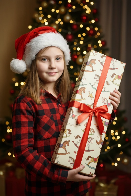 Используйте отправленную мной фотографию в качестве референса. Камера снимается немного выше уровня глаз, глядя прямо на модель, охватывая от середины груди и выше.  На изображении человек держит подарочную коробку  (размер 50х500х50 сантиметров) с крышкой, перевязанную красной лентой. На коробке нарисованные игрушечные лошадки. На фоне размытая рождественская или новогодняя елка. Лицо в три четверти (3/4), Модель в красной пижамной рубашке в клетку. Смотрит в камеру с легкой улыбкой, как будто предвкушая открыть свой подарок. 

Освещение выполнено по принципу софтбокса, но с более сильным, концентрированным основным светом для создания интенсивного свечения, сохраняя при этом мягкие тени, которые подчёркивают черты лица человека. 
Гиперреалистичная детализация, передающая каждый нюанс красоты, выражения лица и сложную текстуру волос, кожи и одежды. Атмосфера новогоднего праздника.  На голове у ребенка рождественский красный колпак с белым помпоном на конце, колпак надет почти на макушке, видны передние волосы  