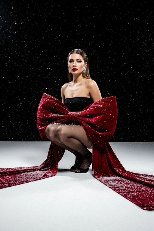Создай изображение не меняя черты лица. Студийный портрет в стиле рождественской/новогодней модной кампании. Я в элегантной, присевшей позе, взгляд сфокусирован прямо в камеру. Огромный, гипертрофированно большой, роскошный бант из красного бархата, который обернут вокруг тела модели как кутюрный элемент одежды  с очень длинными, широкими ниспадающими концами, которые тянутся по полу. Бант и белый пол покрыты имитацией снега. Минималистичный черный топ без бретелей (bandeau) ,темные, полупрозрачные колготки, черные босоножки с открытым носом, на среднем каблуке. Гладко зачесанные назад волосы. Классический, выразительный макияж: яркая алая помада, четкие черные стрелки, хайлайтер. В ушах крупные, блестящие серьги-гвоздики.

Драматичное, контрастное студийное освещение (split lighting). Ярко освещенный белый пол/поверхность. Фон — глубокий черный, с эффектом динамично падающего яркого снега (snow dust effect).Фотография в высоком разрешении, гиперреализм, кинематографическое качество, профессиональный editorial-снимок для обложки Vogue, снято на камеру Hasselblad.