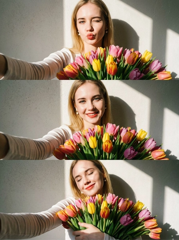 Селфи фронтальная камера, вертикальный коллаж 3 кадра (стопкой): белый топ с длинным рукавом, жемчужные серьги-гвоздики.
В каждом кадре огромный букет цветов. 1) duck face + подмигивание в камеру, 2) уверенная улыбка в камеру, 3) улыбка с закрытыми глазами, безмятежное счастье. Жёсткий солнечный свет справа, высокий контраст, резкие тени, светлая нейтральная текстурная стена, lifestyle aesthetic.

Какие будут цветы?: В каждом кадре огромный букет тюльпанов.