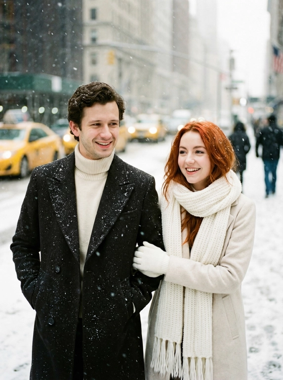   Стиль фотографии – кадр из модной фотосессии в ретро стиле, с зернистостью, имитирующей плёнку. Атмосфера радостная и уютная, несмотря на снежную погоду. Цветовая гамма приглушенная, преобладают белые, кремовые и темные оттенки.

На фотографии запечатлена пара, идущая по улице города во время снегопада. На заднем плане видны желтые такси и размытые силуэты прохожих.

Мужчина одет в тёмное шерстяное пальто поверх светлого свитера с высоким воротником. На пальто видны снежинки. Он улыбается и смотрит в сторону. Его рука поддерживает женщину под руку.

Женщина одета в светлое пальто, на шее – большой белый вязаный шарф. На руках белые перчатки. Она также улыбается и смотрит в сторону.