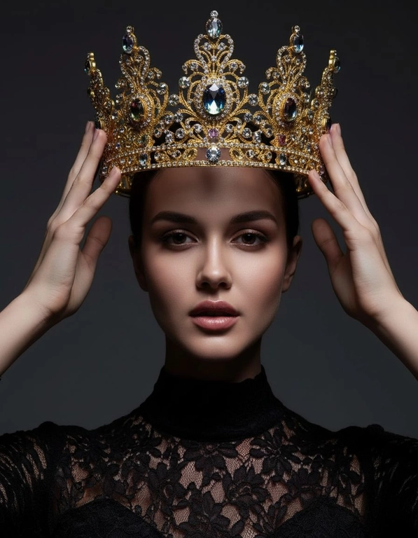 Модный портрет женщины крупным планом, стоящей прямо перед камерой, со слегка приподнятым подбородком. Она держит двумя руками почти над головой искусно выполненную корону с богатым филигранным орнаментом и крупными сверкающими драгоценными камнями. Корона находится в резком фокусе, отбрасывая тень на лицо. Освещение падает сверху, подчёркивая корону и создавая драматичный, контрастный эффект. Тёмная тень на лице усиливает ощущение таинственности и элегантности. Её платье – из тонкого чёрного кружева с высоким воротом. Фон темный, усиливая драматизм. Корона цвета желтого золота.