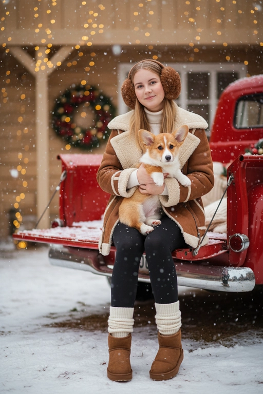Портрет молодой женщины, сидящей на кузове винтажного красного грузовика. Девушка держит на руках животное. На ней коричневая дубленка с белой окантовкой из овчины по воротнику, манжетам и карманам, под дубленкой белый свитер с горловиной, черные лосины тканевые без блеска, на ногах укороченные, высотой до щиколоток коричнево-бежевые угги на платформе и кремовые гетры до середины икр, выглядывающие из уггов. 
Девушка смотрит в камеру, на ее лице легкая улыбка. 

На грузовике — праздничный рождественский венок. На земле лежит снег.

Мягкий снег падает. Атмосфера — реалистичная, теплая и немного кинематографичная. Сияющие рождественские огоньки и украшения создают яркую теплую атмосферу. Разрешение 8K, акцент на текстуру одежды, снег и сверкающие огоньки на заднем фоне. —ar 3:4 —v.

Не меняй черты лица.  На голове девушки меховые наушники. Держит на руках щенка корги