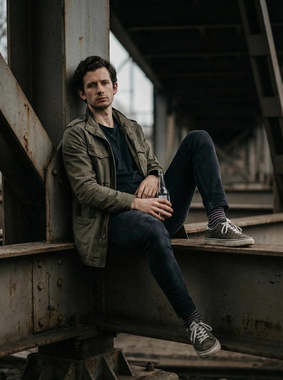   Фотография выполнена в стиле повседневного кадра. Мужчина сидит на металлических конструкциях, предположительно, моста или другого подобного сооружения. Атмосфера скорее мрачная и задумчивая. Цветовая гамма приглушенная, преобладают серые, коричневые и черные тона.

Мужчина одет в темную футболку, узкие джинсы темного цвета и куртку болотного или оливкового оттенка. На ногах надеты кроссовки и полосатые носки. Он сидит, облокотившись на металлические балки, одна нога согнута в колене и стоит на конструкции, а другая вытянута вперед. В руках он держит стеклянную бутылку. Поза расслабленная, взгляд направлен в камеру.
