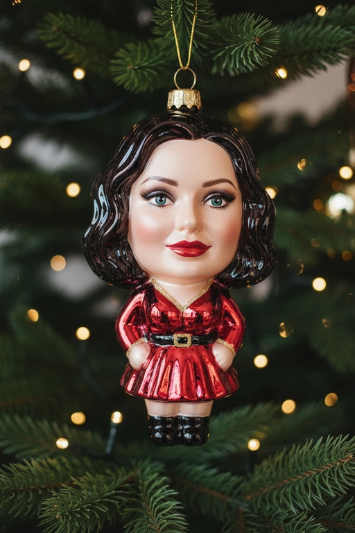 Создайте ёлочное украшение в виде мини-фигурки персонажа с моей фотографии: выдувное стекло, глянцевая лакированная поверхность, яркие чистые цвета, блики и немного прозрачности. Постарайтесь максимально приблизить черты лица и причёску, сделайте голову крупнее, а тело — меньше, в милом игрушечном стиле. Добавьте золотую петельку для подвешивания и повесьте украшение на ёлочную ветку с мягкими гирляндами боке и тёплой праздничной подсветкой на заднем плане.  Если на моей фотографии несколько человек, то сделай несколько игрушек, висящих рядом.