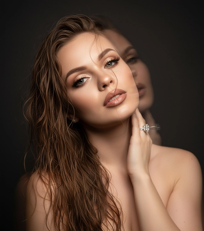 Создайте портрет женщины с длинными, волнистыми, влажными волосами, свободно ниспадающими на плечи, некоторые пряди прилипают к лицу. Она чувственно смотрит в камеру, слегка откинув голову назад, словно наслаждаясь мгновением покоя или чувственности. Её рука нежно лежит на шее, на пальце – эффектное сверкающее кольцо. Плечи опущены. Тёмный, почти однотонный и размытый фон подчёркивает силуэт и лицо женщины. Весь образ мастерски передан с помощью размытия в движении и световых бликов, которые создают ощущение естественного, сказочного движения головы и руки. Мягкие, тёплые тона, лёгкое свечение кожи и губ создают интимную, чувственную и таинственную атмосферу. Эффекты: размытие в движении, художественная длительная выдержка, тёплые тона, атмосфера сновидения. Макияж выразительный: длинные чёрные ресницы, бежевые тени с лёгким мерцанием, выразительные контуры и румяна, безупречная кожа и пухлые губы с нюдовым блеском и тёмно-коричневым карандашом для губ. Ухоженные брови с эффектом Bravenlifting. Длинные, заостренные ногти. Реалистичное фото, как будто снято на профессиональную камеру. Сохраните черты лица такими, какие они есть.