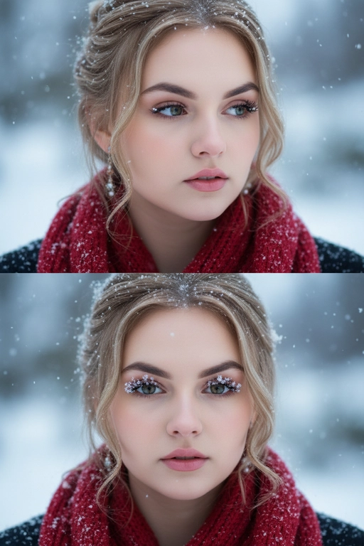Создай коллаж из двух кадров человека, снятых крупным планом на улице зимой. Камера расположена близко, чтобы в кадре были видны лицо, шея и часть одежды. Главный акцент — на лице, глазах и снежинках, которые легли на волосы и ресницы.

Освещение мягкое, естественное, как в пасмурный зимний день. Вокруг падает лёгкий снег, отдельные снежинки чётко видны в воздухе и на коже. Фон — мягко размытый, с холодными оттенками (бело-голубой, серо-синий).

Первый кадр — человек смотрит в сторону, выражение мягкое, задумчивое, естественное. Крупный план лица, видно часть красного шарфа.
Второй кадр — прямой взгляд в камеру, нейтральное или лёгкое выражение лица, ресницы в снегу. Крупный план лица, видно часть красного шарфа.

Кожа чистая и естественная, без ретуши, текстура лица и губ сохранена. Фото выглядят как профессиональная зимняя портретная съёмка крупным планом, с эффектом свежести и спокойствия.

Оба кадра объединены в вертикальный коллаж в едином тоне и свете. Атмосфера — реалистичная, теплая и немного кинематографичная.