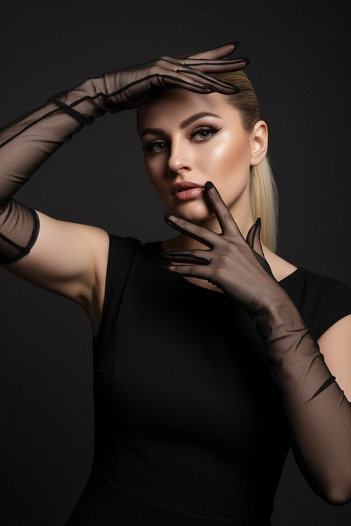На моей фотографии крупным планом изображена гламурная женщина на темно-сером фоне, в прозрачных чёрных перчатках и чёрном платье. Она позирует, обрамляя лицо руками, отбрасывая на глаза эффектные тени. Яркий макияж глаз с аккуратной подводкой, гладкая и безупречная кожа, кинематографическое освещение, стиль высокой моды, атмосфера таинственности и соблазнительности. 