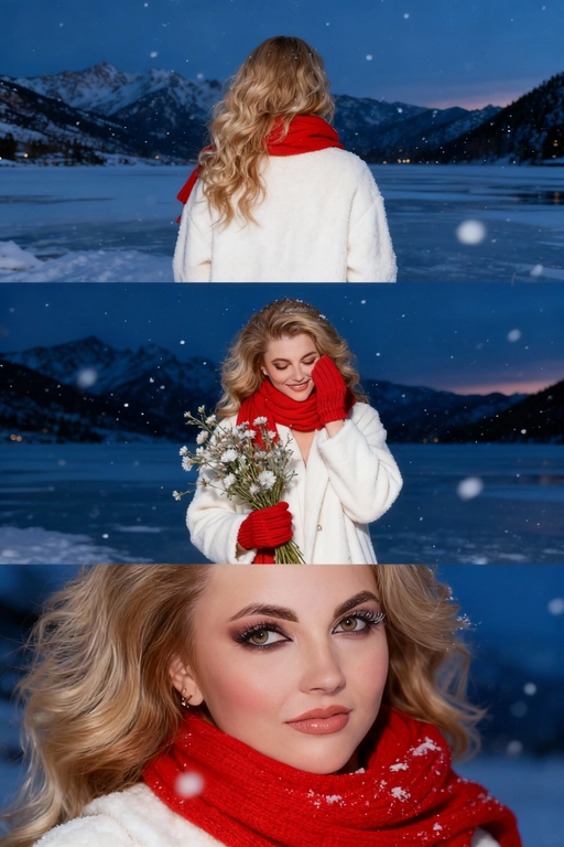 Создай коллаж не меняя черты лица. Кинематографический зимний коллаж из трёх кадров: девушка на фоне заснеженных гор и замёрзшего озера, мягкий вечерний свет, холодно, падает снег. На ней белое шерстяное пальто и ярко-красный шарф, в руках букет зимних полевых цветов. Первый кадр — со спины, её волосы и красный шарф выделяются на фоне темно-синего неба и гор; второй кадр — человек стоит на фоне темно-синего неба, улыбается, смотрит вниз, в одной руке букет, второй рукой прикрывает лицо. На руках красные вязаные перчатки. атмосфера лёгкости и свежести. на ней белое шерстяное пальто и ярко-красный шарф; третий кадр — очень крупный портрет на фоне темно-синего неба, взгляд в камеру, на ресницах снег, мягкий румянец, естественный макияж. Видно часть шарфа. Акцент на глаза. Настроение — романтичное, зимнее, немного меланхоличное, стиль — реалистичный, кинематографический, контраст белого снега и красных акцентов. Все фото сделаны ночью со вспышкой. Пленочная фотография.