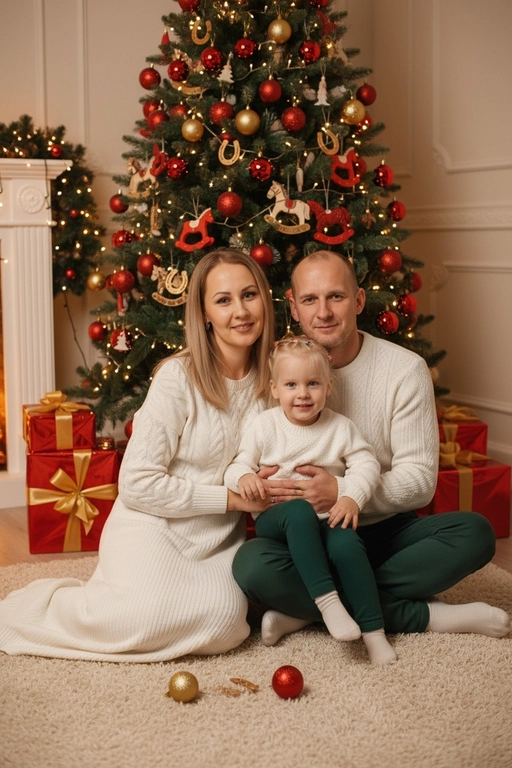 Используй предоставленные изображения и создай фото из домашней новогодней фотосессии. Не меняйте черты лица. . В кадре мужчина и женщина, они сидят на полу в обнимку, улыбаются и смотрят в камеру. Мужчина обнимает женщину сзади за талию. На женщине надето вязаное длинное платье с длинными рукавами. На мужчине вязаный свитера и штаны. На заднем плане стоит наряженная елка с игрушечными шарами, игрушечными лошадками, игрушечными подковами. Под елкой разложены подарочные коробки, перевязанные золотыми лентами. Рядом с парой лежат несколько елочных игрушек как на елке. Фотография выполнена в теплой цветовой гамме. Атмосфера уютная и праздничная. цвет платья девушки- белый, цвет свитера белый и штанов мужчины - темно зеленый
,ребёнок в белом свитере и зелёные лосины