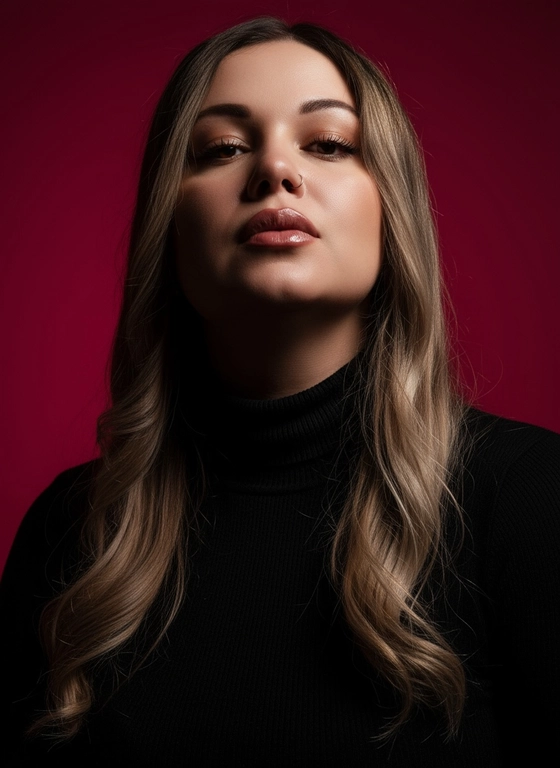 Создай портрет, используя те же черты лица (на основе загруженного фото), характеризующийся резким кинематографическим освещением и интенсивным контрастом. Снятый с немного нижнего ракурса, направленного вверх, что подчеркивает линию подбородка и шеи модели, этот портрет производит впечатление доминантности и скульптурной элегантности. Фон — глубокий, насыщенный малиново-красный, создающий яркий визуальный контраст со сияющей кожей модели и темной одеждой.