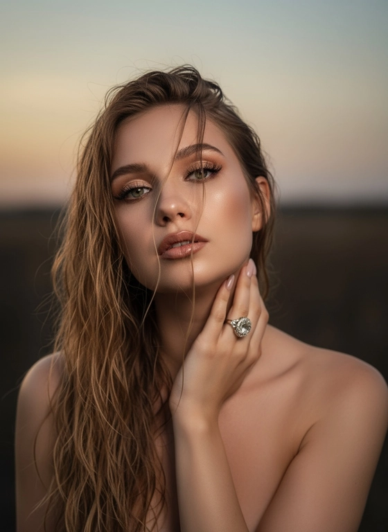 Создайте портрет женщины с длинными, волнистыми, влажными волосами, свободно ниспадающими на плечи, некоторые пряди прилипают к лицу. Она чувственно смотрит в камеру, слегка откинув голову назад, словно наслаждаясь мгновением покоя или чувственности. Её рука нежно лежит на шее, на пальце – эффектное сверкающее кольцо. Плечи опущены. Тёмный, почти однотонный и размытый фон подчёркивает силуэт и лицо женщины. Весь образ мастерски передан с помощью размытия в движении и световых бликов, которые создают ощущение естественного, сказочного движения головы и руки. Мягкие, тёплые тона, лёгкое свечение кожи и губ создают интимную, чувственную и таинственную атмосферу. Эффекты: размытие в движении, художественная длительная выдержка, тёплые тона, атмосфера сновидения. Макияж выразительный: длинные чёрные ресницы, бежевые тени с лёгким мерцанием, выразительные контуры и румяна, безупречная кожа и пухлые губы с нюдовым блеском и тёмно-коричневым карандашом для губ. Ухоженные брови с эффектом Bravenlifting. Длинные, заостренные ногти. Реалистичное фото, как будто снято на профессиональную камеру. Сохраните черты лица такими, какие они есть.