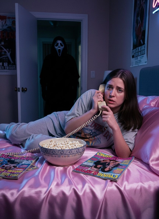 Сделай фото не искажая лица - оно должно оставаться такими же, как на приерепленной фотографии, эстетика Y2K, сцена из фильма "Крик" 90-х. Персона лежит на кровати, застеленной атласными простынями розового цвета. Персона прижимает к уху старинный стационарный телефон кремового цвета со смотанным шнуром. Рядом с ней стоит миска, наполненная попкорном, и несколько разбросанных подростковых журналов 90-х годов. На заднем плане, в темном дверном проеме коридора, в тени скрывается зловещая фигура Ghostface, его маска частично скрыта, он наблюдает за ней.