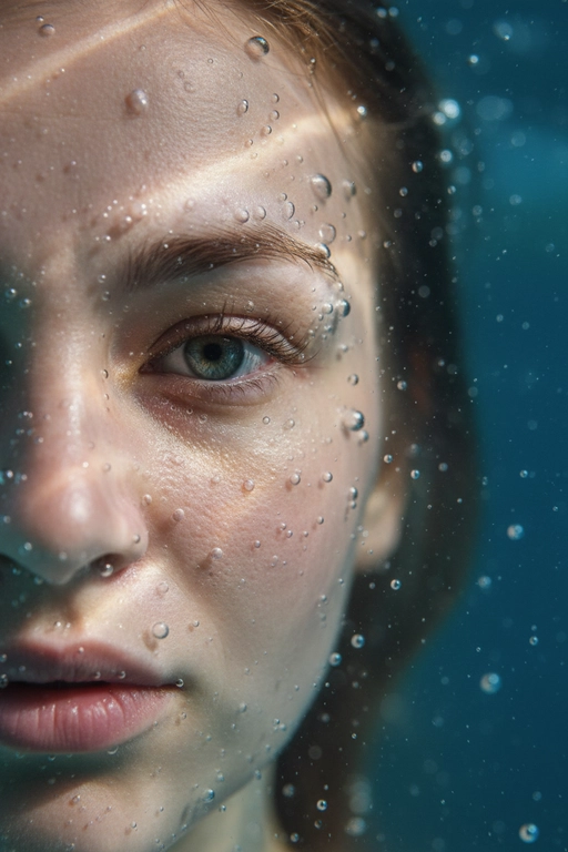 Гиперреалистичный, сверхдетализированный
макропортрет, на котором запечатлена только левая половина человеческого лица, погруженного под воду. Один глаз находится в резком фокусе у крайнего левого края кадра. Лучи света создают динамичные блики на коже, подчеркивая поры, влажные губы, ресницы и тонкие текстуры, создавая эффект реалистичного рассеивания под поверхностью. Капли и пузырьки воздуха придают глубину и подвижность.
Кинематографическое подводное освещение с мягкими тенями и четкими бликами усиливает сюрреалистическую, сказочную атмосферу.
Чрезвычайно малая глубина резкости, фотореалистичный рендеринг. Не меняй внешность, полностью сохрани черты лица.